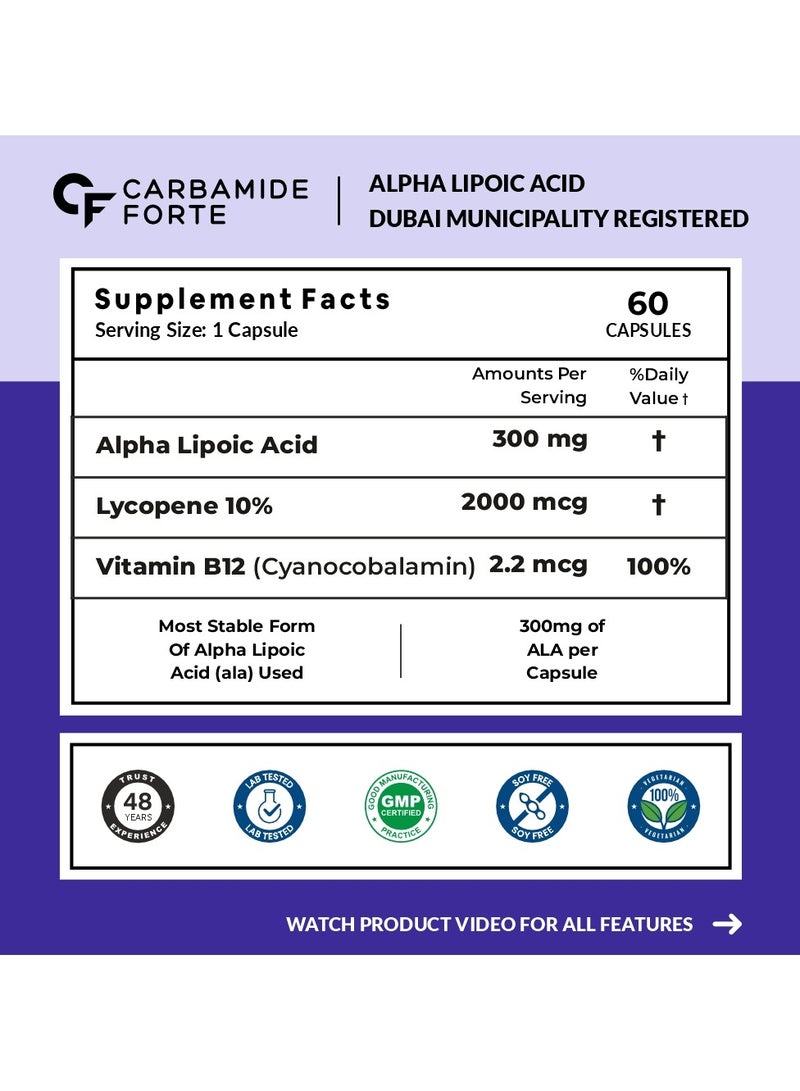 CARBAMIDE FORTE Alpha Lipoic Acid 300Mg Capsules With Vitamin B12 And Lycopene Stabilized Form 60 Veg Capsules - Image 2